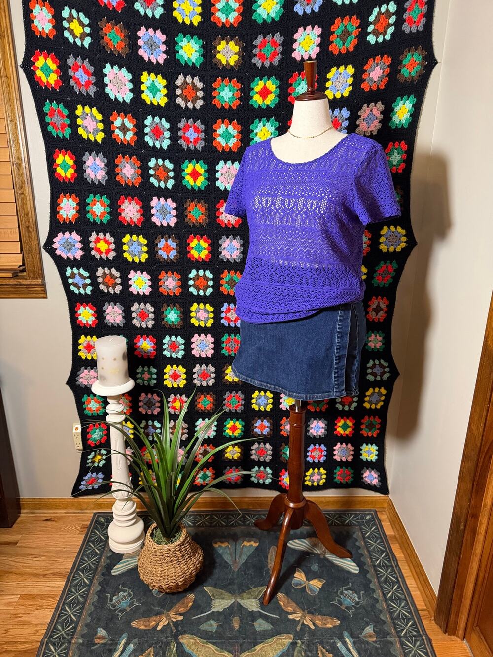 Chico’s Purple Crochet Open Knit Short Sleeve Boho Knit Top Blouse